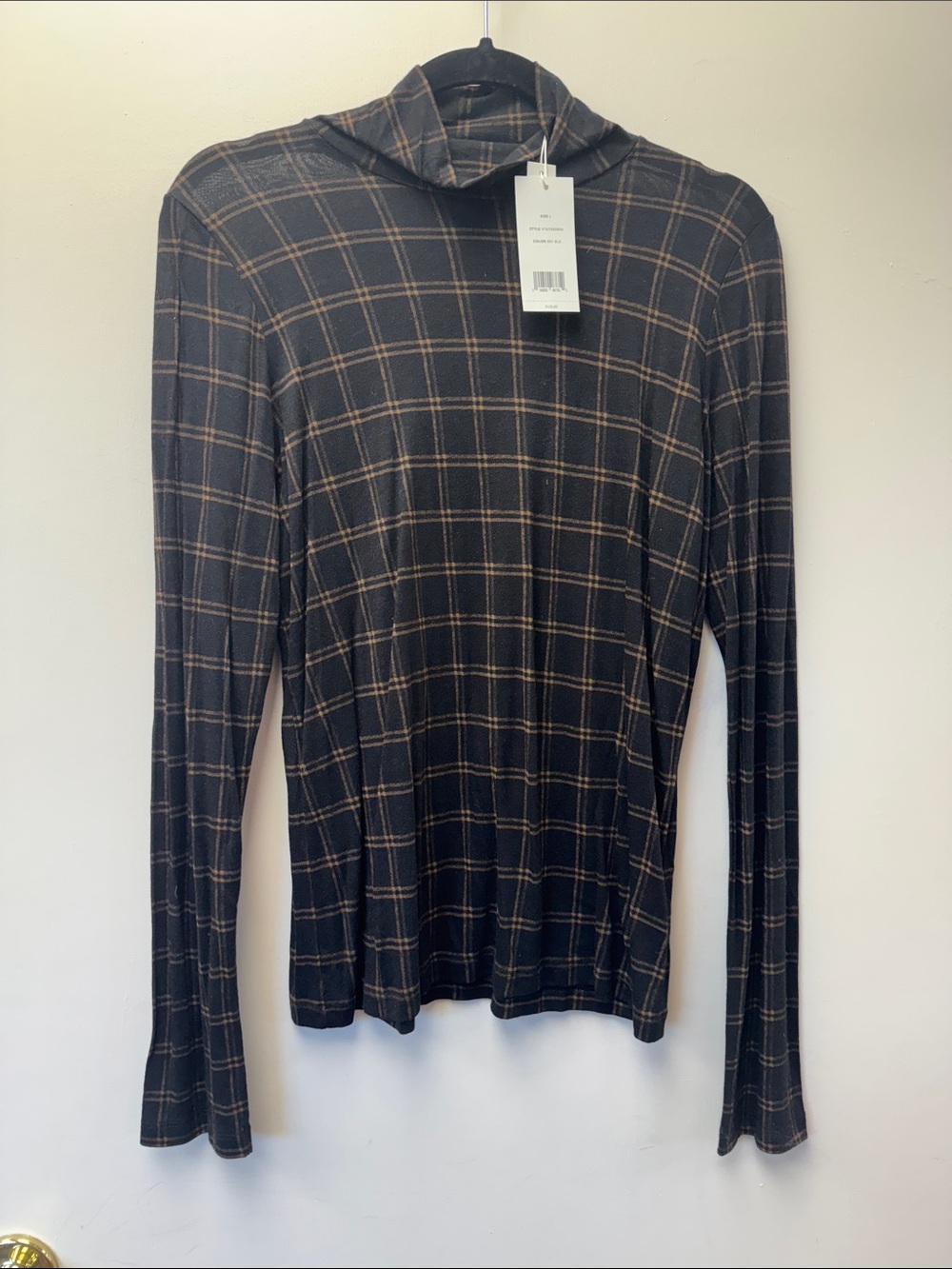 Vince Black Plaid Lightweight Hooded Long Sleeve Top with Tan Grid Lines